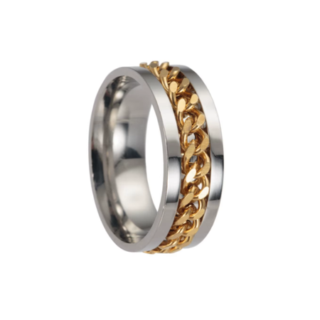 Inel argintiu cu lanț placat cu Aur 18K, Oțel Inoxidabil