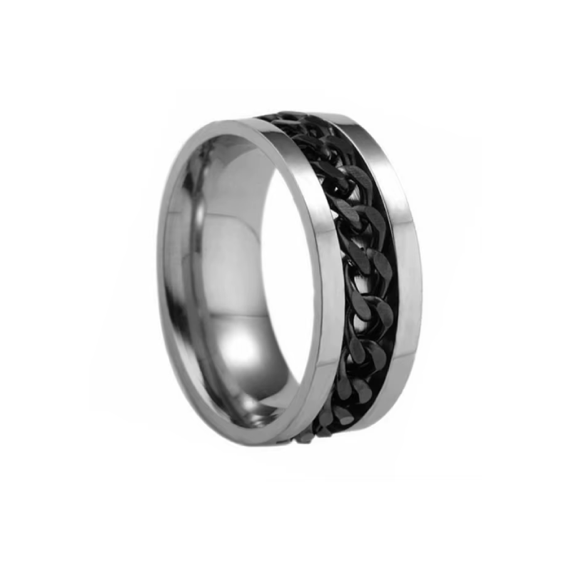 Inel argintiu cu lanț negru din oțel