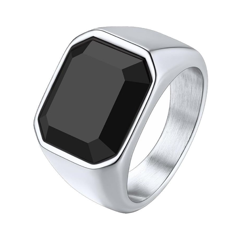 Inel argintiu din oțel cu piatră de zircon neagră