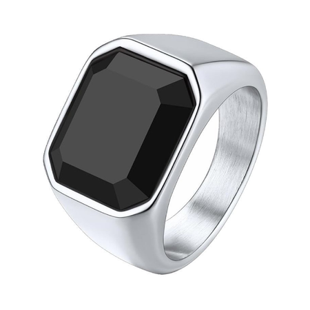 Inel argintiu cu piatră de zircon neagră, Oțel Inoxidabil