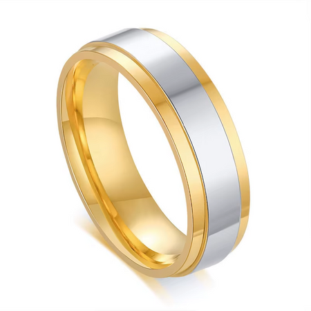 Inel placat cu Aur 18K cu bandă argintie 6mm, Oțel Inoxidabil