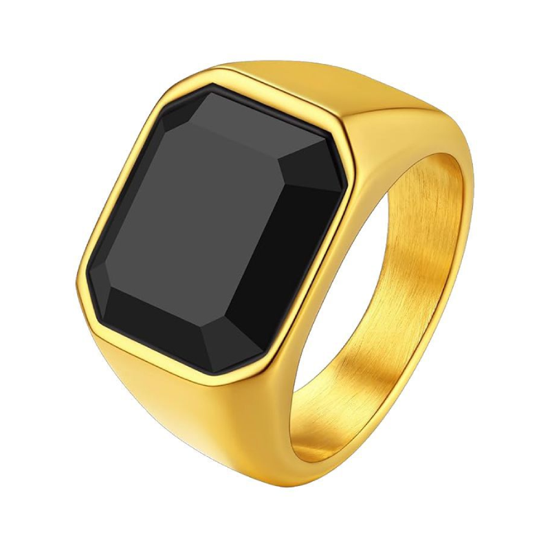 Inel auriu din oțel cu piatră de zircon neagră