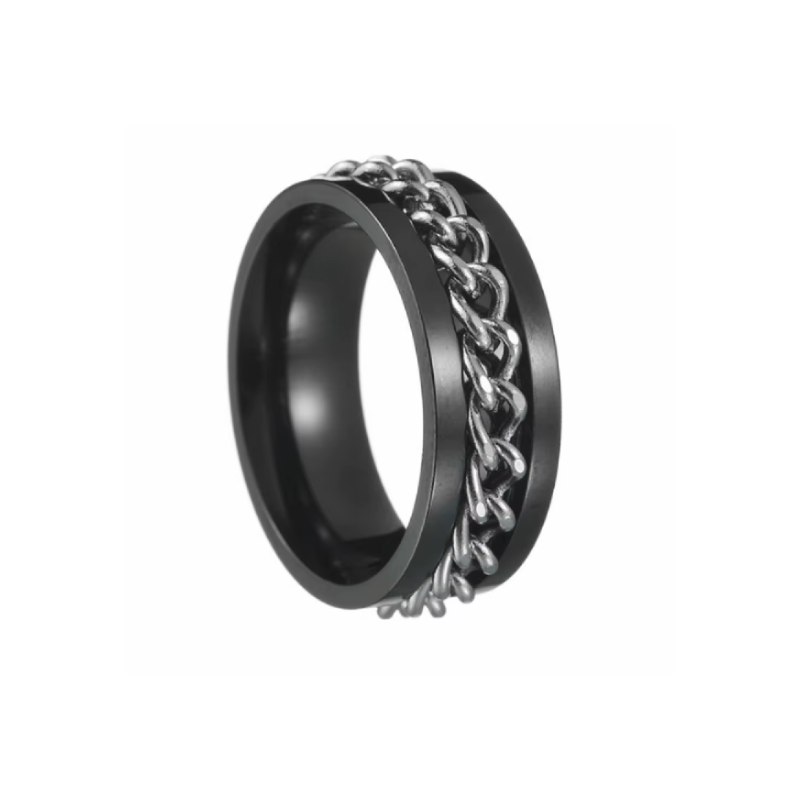 Inel negru cu lanț argintiu din oțel