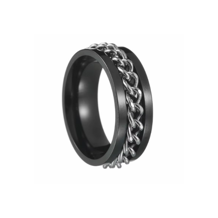 Inel negru cu lanț argintiu, Oțel Inoxidabil