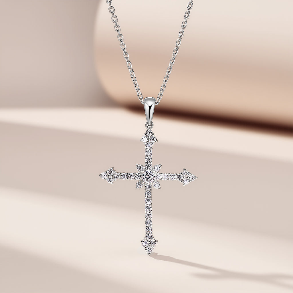 Colier Cruce Argintiu, cu Pietre de Zirconiu, Shining Cross