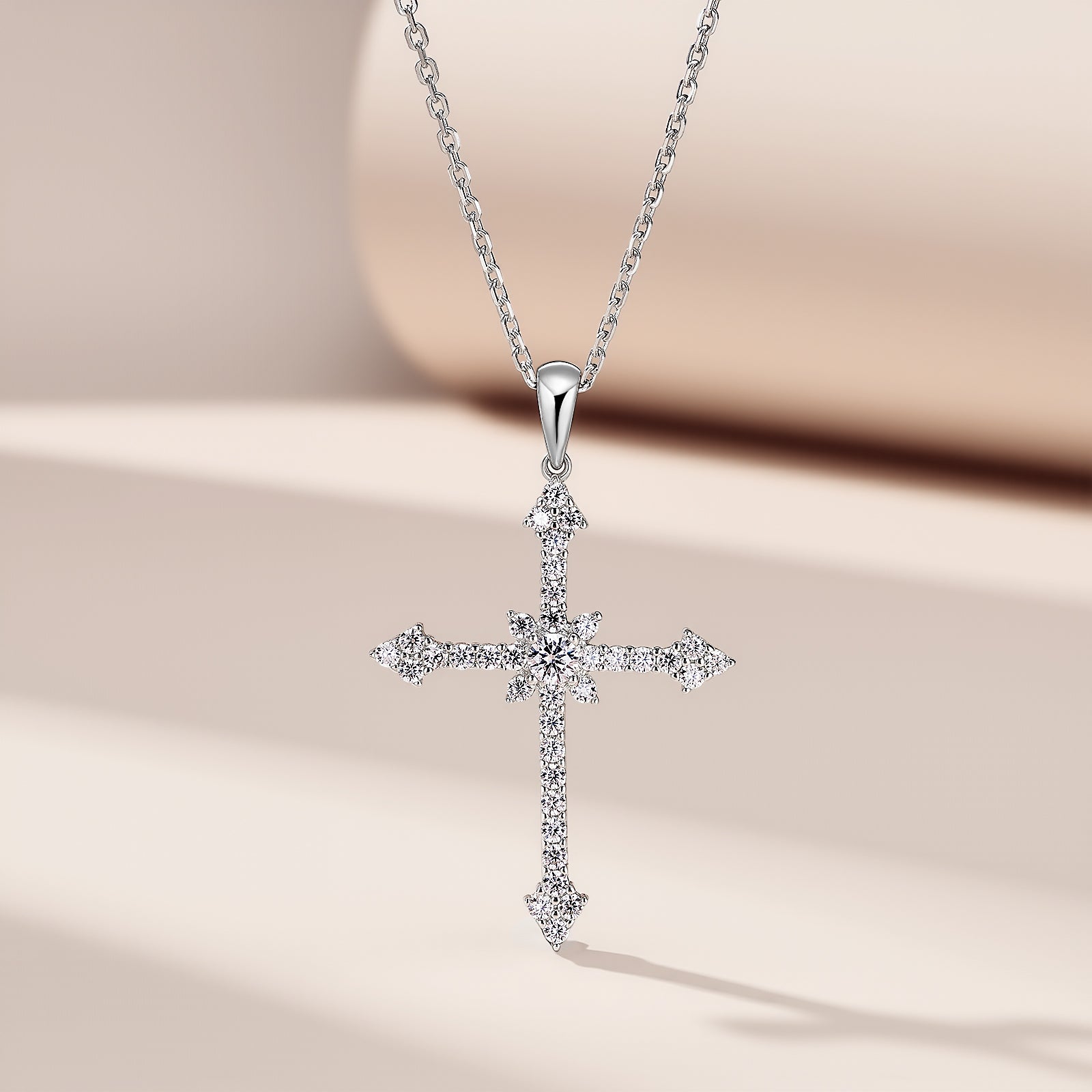 Colier Cruce Argintiu, cu Pietre de Zirconiu, Shining Cross