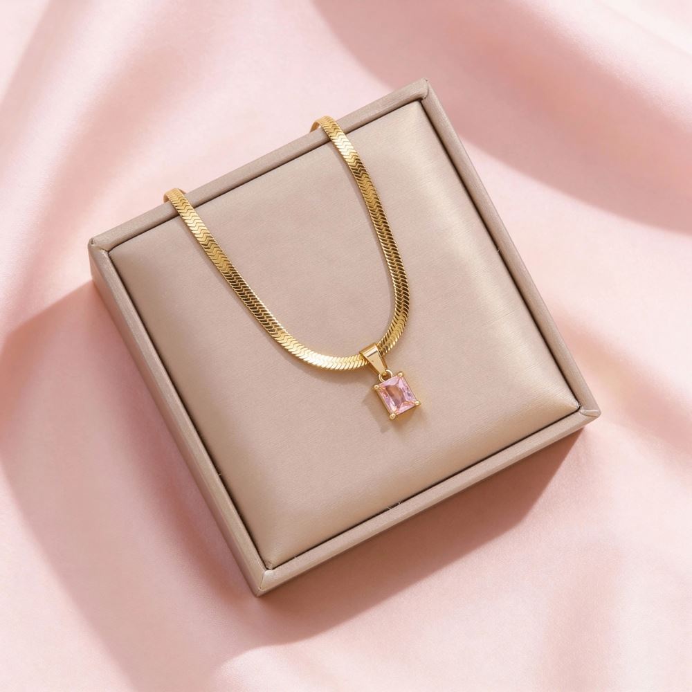 Colier placat cu Aur 18K, cu pandantiv de Zirconiu Roz, 50 cm