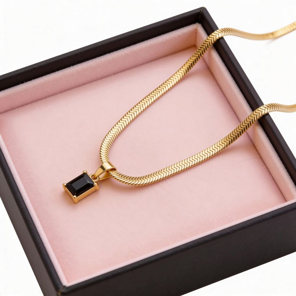Colier placat cu Aur 18K, cu pandantiv de Zirconiu Negru, 50 cm