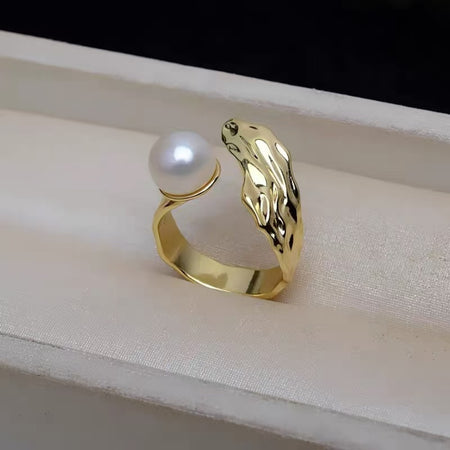 Inel Reglabil placat cu Aur 18K, cu Perlă Albă, Luxe Pearl