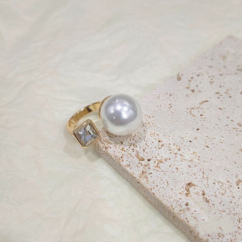Inel Reglabil placat cu Aur 18K, cu Perlă Albă și Piatră de Zirconiu, Luxe Duet