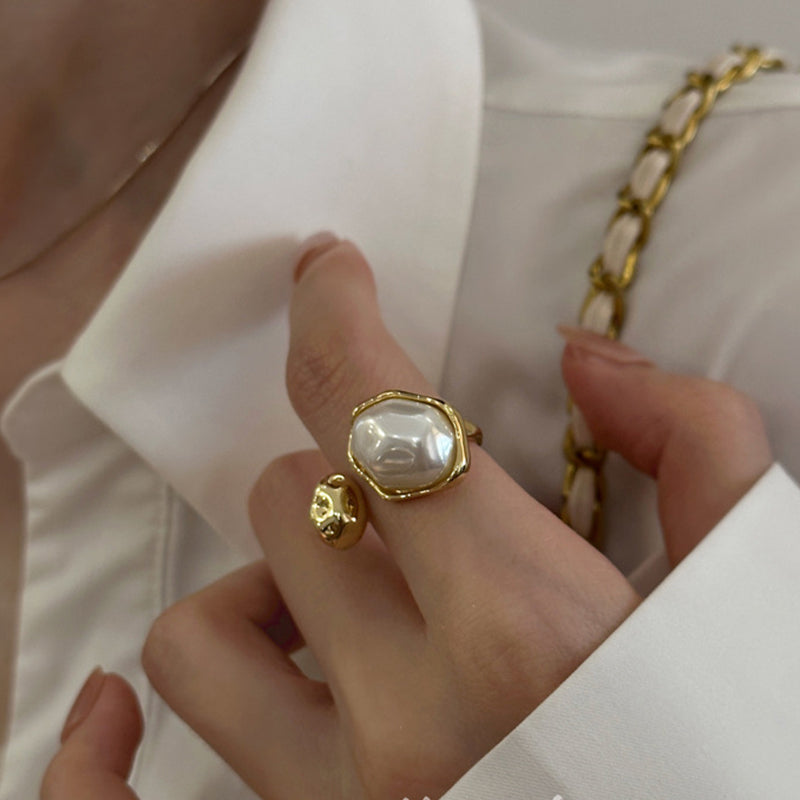 Inel Reglabil placat cu Aur 18K, cu Perlă Albă, Pure Pearl