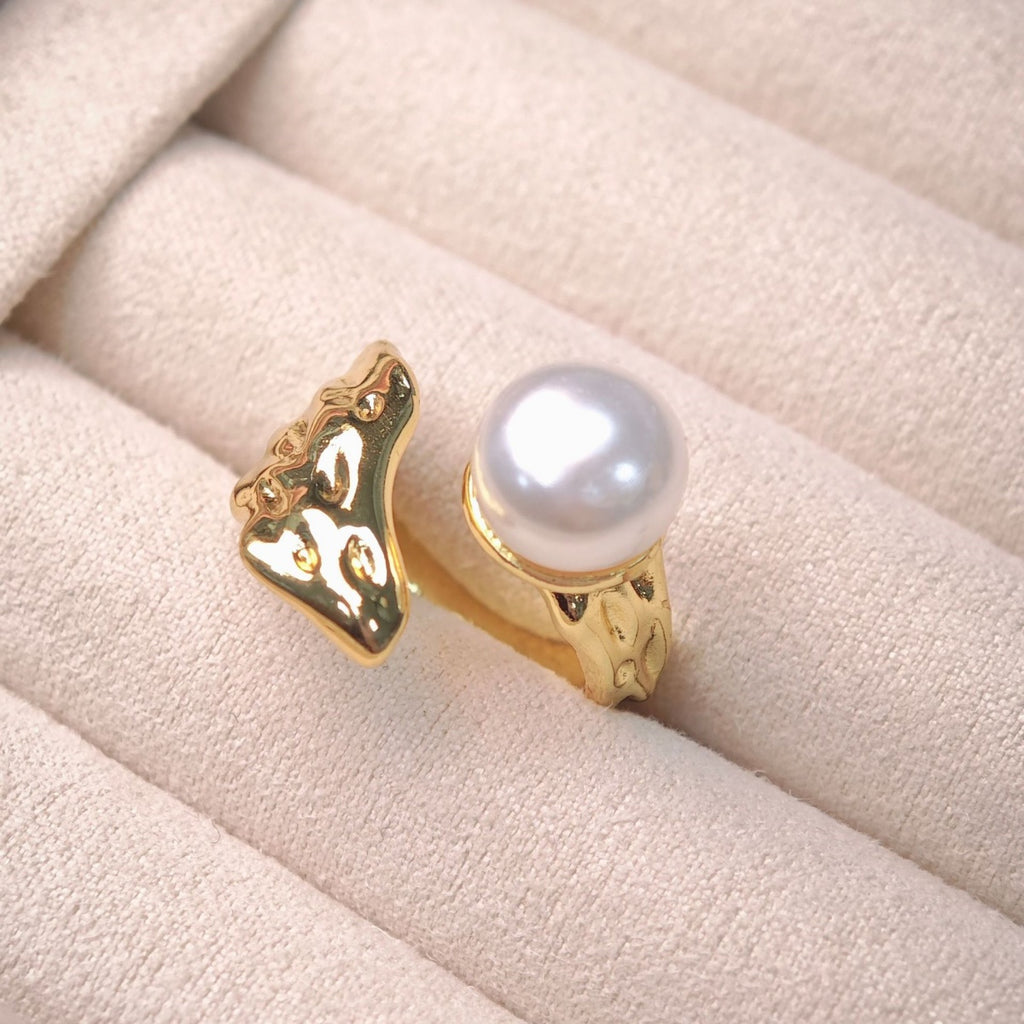 Inel Reglabil placat cu Aur 18K, cu Perlă Albă, Luxe Pearl