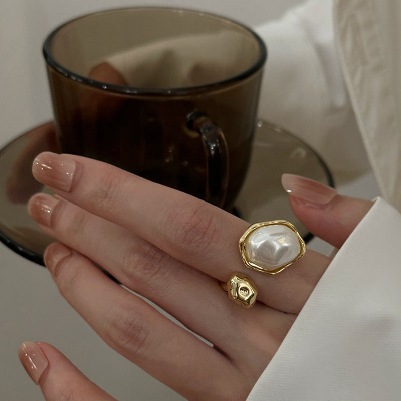 Inel Reglabil placat cu Aur 18K, cu Perlă Albă, Pure Pearl