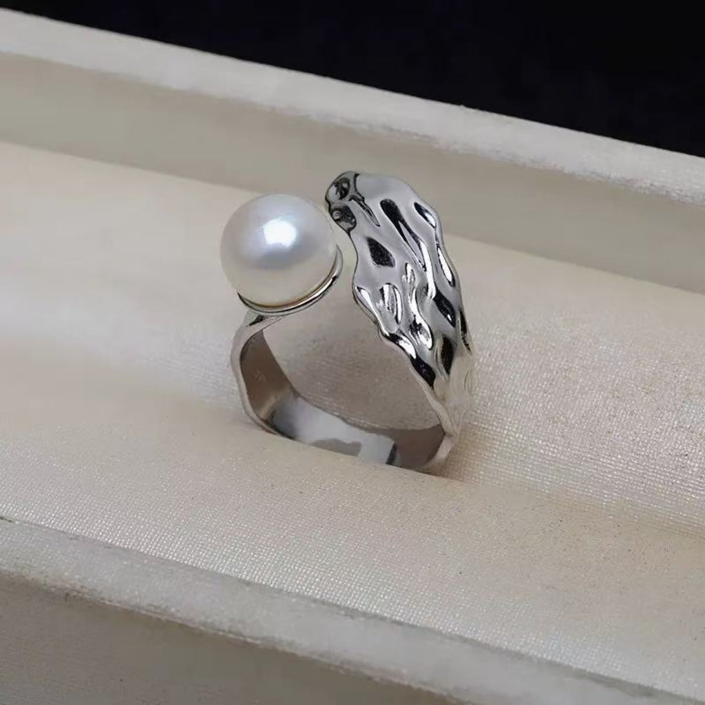 Inel Reglabil Argintiu, cu Perlă Albă, Luxe Pearl