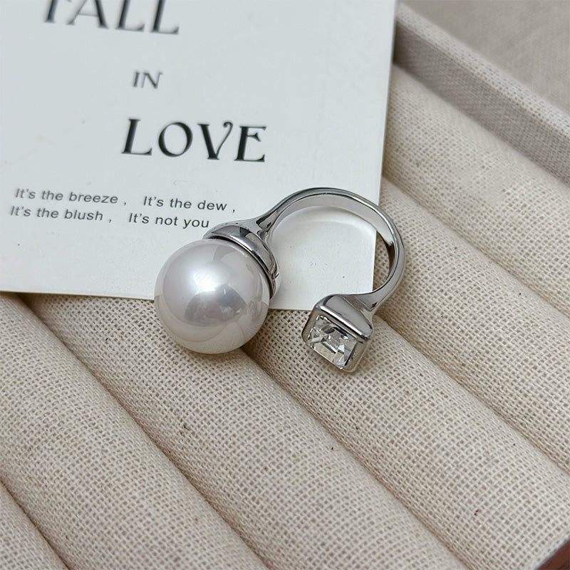 Inel Reglabil Argintiu, cu Perlă Albă și Piatră de Zirconiu, Luxe Duet