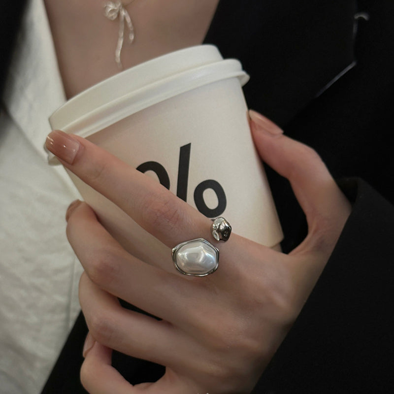 Inel Reglabil Argintiu, cu Perlă Albă, Pure Pearl