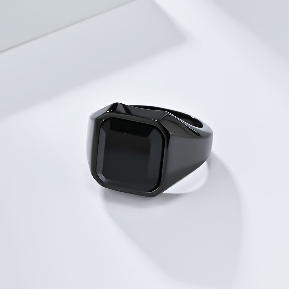 Inel negru cu piatră de zircon neagră, Oțel Inoxidabil