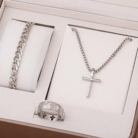 Set colier cruce bratara inel cruce argintiu otel inoxidabil inox kracer kracer.ro bijuterii