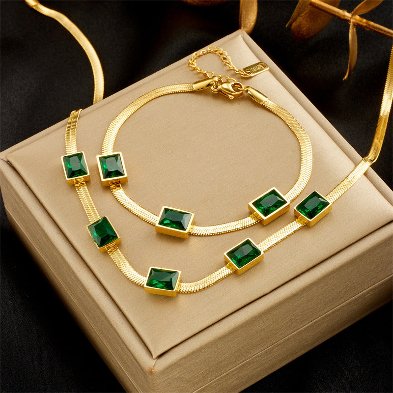 Set colier bratara placat aur 18k pietre zirconiu verde otel inoxidabil inox kracer kracer.ro bijuterii